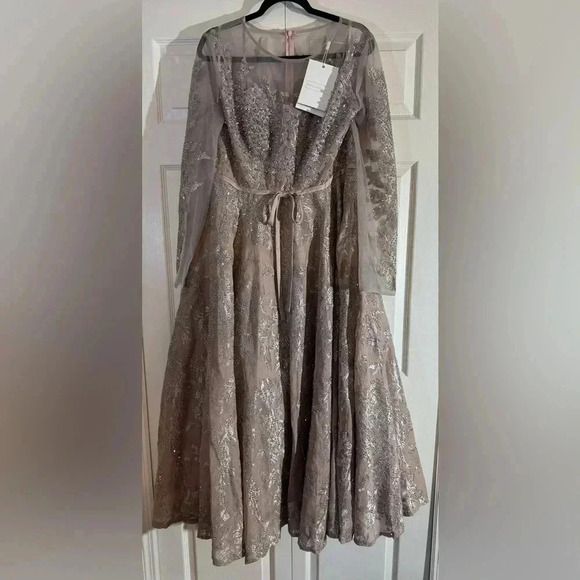 MAC DUGGAL Embellished Bow Belt Illusion Long Sleeve A Line Dress Style 20337 - Picture 4 of 7